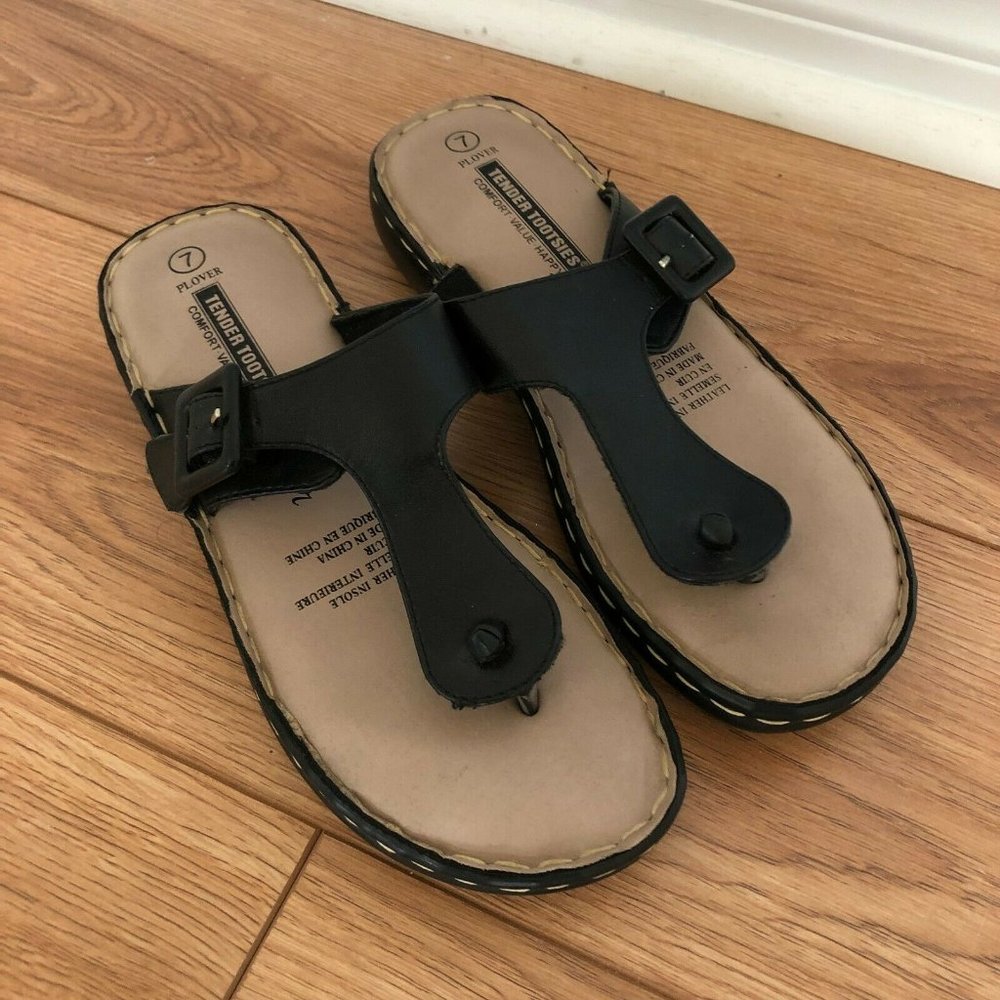 Tender Tootsies Thong Sandals US 7 Leather Insoles Black Orthopaedic Comfortable